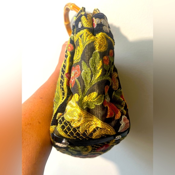 Talbots Vintage Floral Tapestry Satchel Handbag with Stained Bamboo Handles - Picture 5 of 14
